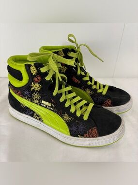 Puma First Round EX Mid Maui Black Neon Green Suede Floral Roma Shoes Womens 8
